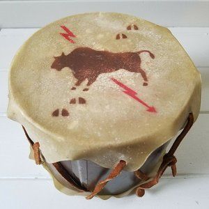 Vintage  American Southwest Rawhide Drum, Painted with Buffalo and the Sun(?)